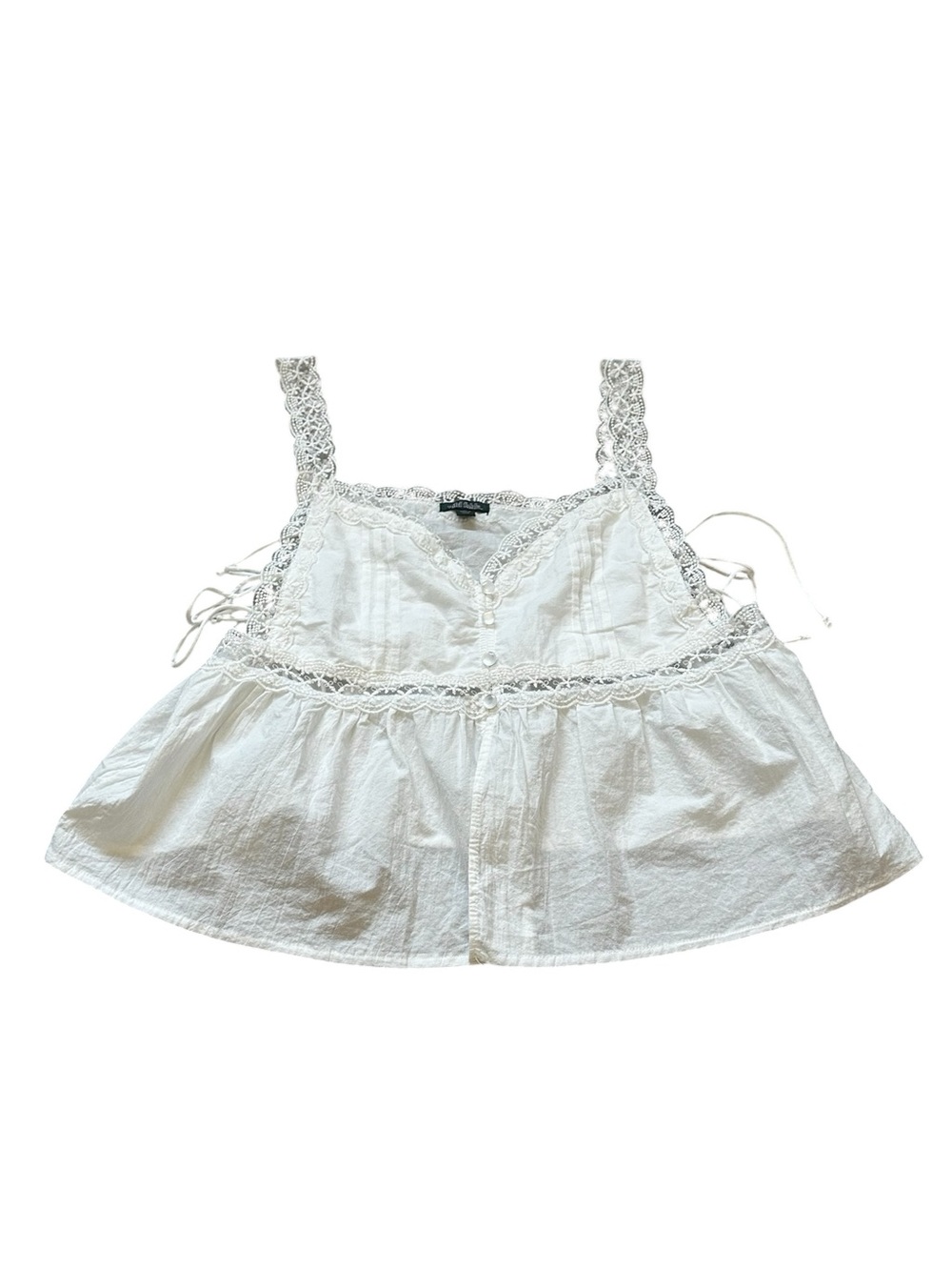 Womens White Babydoll Top Lace Trim Peplum Cottagecore Boho Feminine Summer